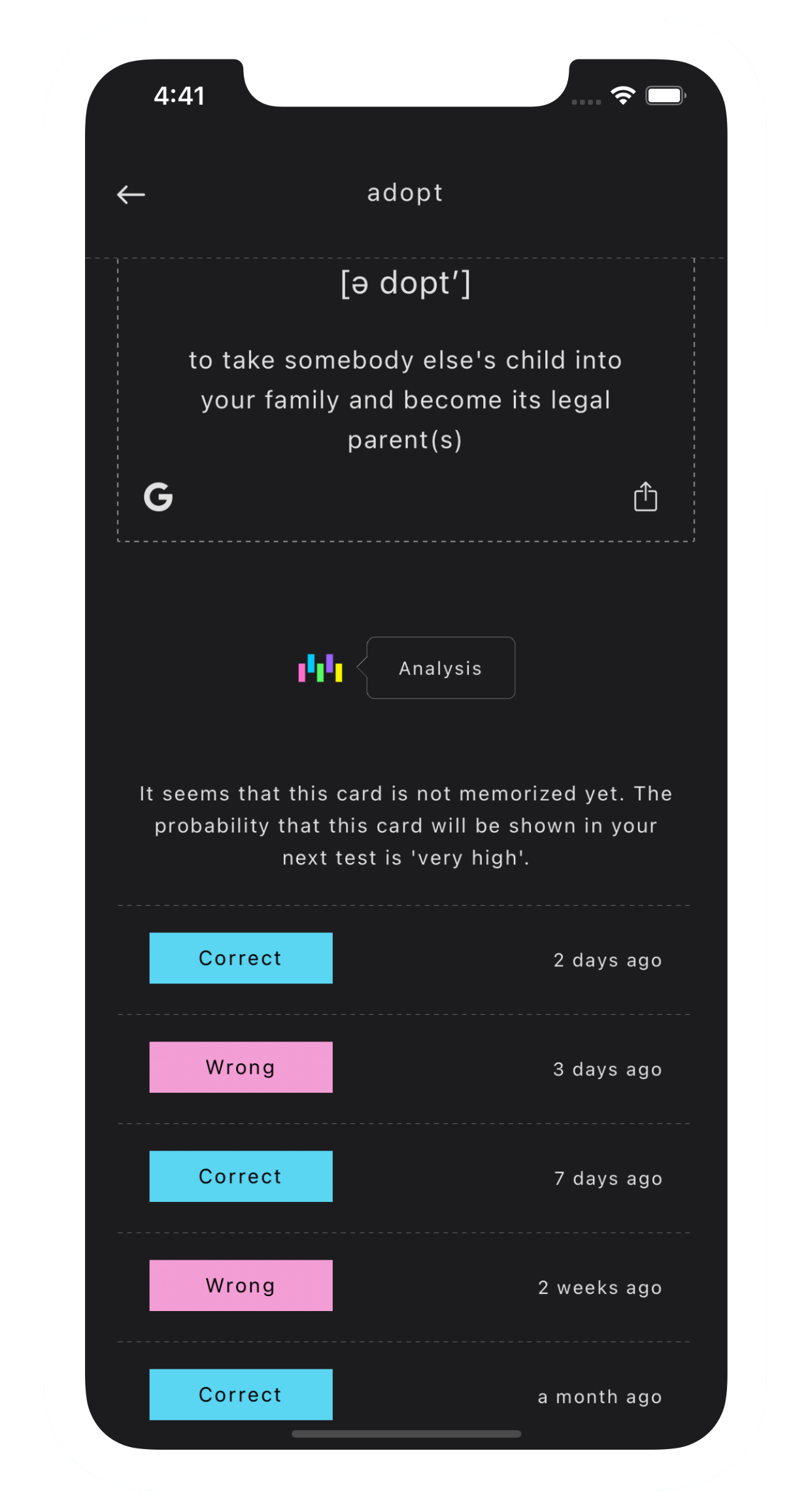 Review by a spaced repetition algorithm